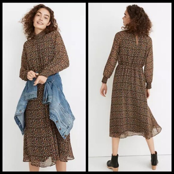 💕MADEWELL💕 Georgette Smocked-Neck Midi Dress Folktale Paisley Large L NWT - Picture 2 of 16